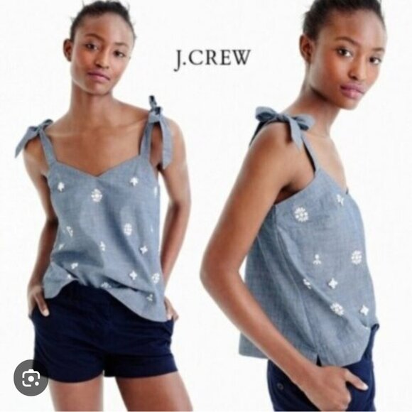 J. Crew sz. 8 chambray embellished tie shoulder tank top, blue/white - Picture 12 of 12